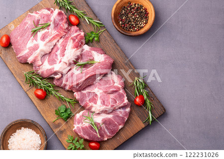 Neck of raw pork meat . Top view 122231026