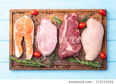 Mix of raw meat and fish . Salmon , beef , pork , chicken staek . Top view 122231029