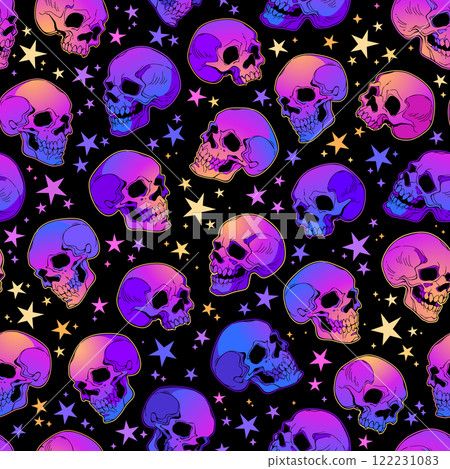 Seamless pattern of colorful cartoon skulls, with bright glowing stars Seamless pattern of colorful cartoon skulls, with bright glowing stars 122231083