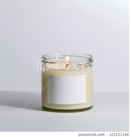 Clear glass jar candle mockup, scented candle jar with blank white label, styled interior candle design template 122231106