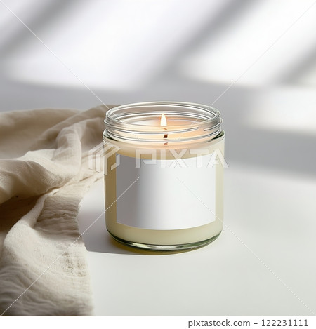 Clear glass jar candle mockup, scented candle jar with blank white label, styled interior candle design template 122231111