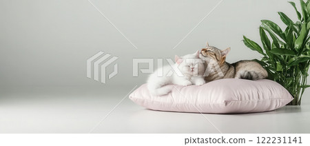 Cozy cats resting together on soft pillow with plant nearby Cozy cats resting together on soft pillow with plant nearby 122231141