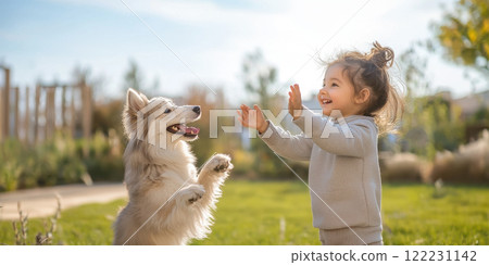 child and their pet dog enjoying playful moment outdoors together child and their pet dog enjoying playful moment outdoors together 122231142