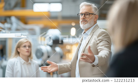 Business leader discussing robotic technology in modern workspace 122231213
