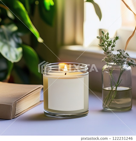 Clear glass jar candle mockup, scented candle jar with blank white label, styled interior candle design template 122231246