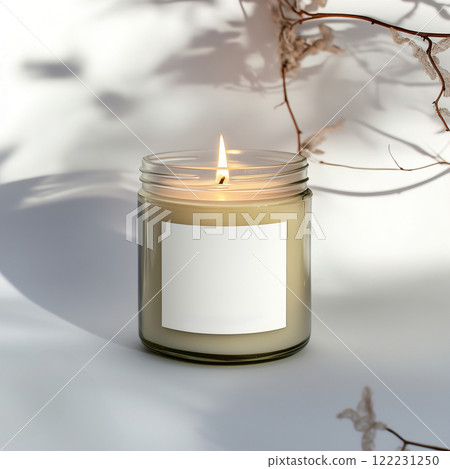 Clear glass jar candle mockup, scented candle jar with blank white label, styled interior candle design template Clear glass jar candle mockup, scented candle jar with blank white label, styled interior candle design template 122231250