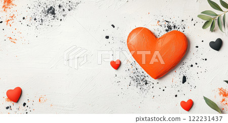vibrant orange heart surrounded by smaller hearts and artistic splashes 122231437