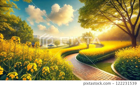 A view of the wide rapeseed flower field, a path, and the blue sky A view of the wide rapeseed flower field, a path, and the blue sky 122231539