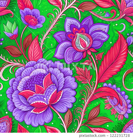 Seamless floral pattern with flowers, leaves, and nature-inspired elements in a vintage and ornamental style 122231728