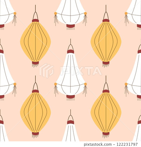 Seamless pattern of traditional Chinese lantern in yellow and white on a soft peach background, perfect for festive and cultural themed design in flat style. 122231797