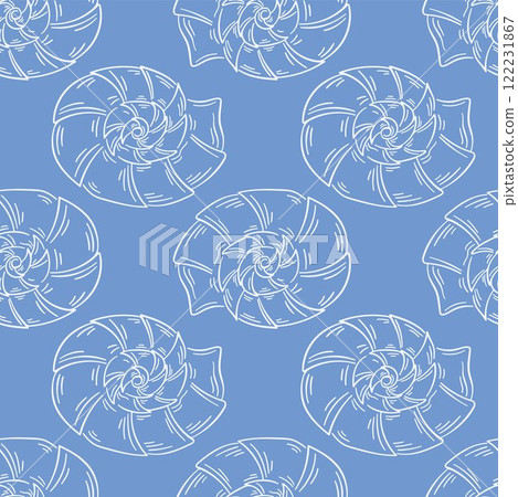 Seashell fossil seamless pattern in line art style on blue background. Undersea ocean print design for fabrics, wallpaper, fish menu, cards. Vector illustration. 122231867