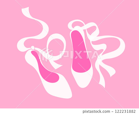 Delicate cute girly illustration of ballet shoes. Ballet coquette core. White ribbons on pink background. Print for postcard or women's children's clothing 122231882
