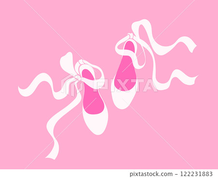 Delicate cute girly illustration of ballet shoes. Ballet coquette core. White ribbons on pink background. Print for postcard or women's children's clothing Delicate cute girly illustration of ballet shoes. Ballet coquette core. White ribbons on pink background. Print for postcard or women's children's clothing 122231883