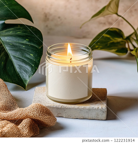Clear glass jar candle mockup, scented candle jar with blank white label, styled interior candle design template 122231914