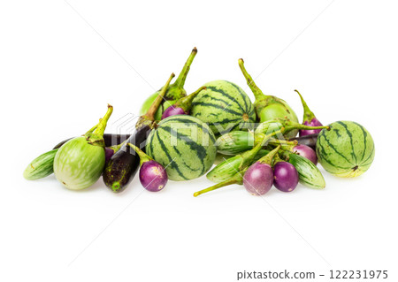 Closeup image of fresh thailand eggplants group isolated at white background. 122231975