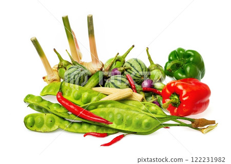 Closeup image og fresh thailand vegetables group isolated at white background. Healthy lifestyle concept. Closeup image og fresh thailand vegetables group isolated at white background. Healthy lifestyle concept. 122231982