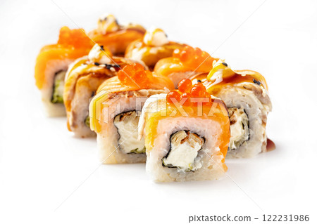 Closeip image of classic philadelphia sushi rolls with salmon, cream cheese, eel and red caviar isolated at white background. Closeip image of classic philadelphia sushi rolls with salmon, cream cheese, eel and red caviar isolated at white background. 122231986
