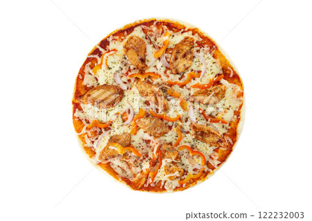 Top view image of italian pizza with cheese, chicken, paprika, onion and tomato isolated at white background. Top view image of italian pizza with cheese, chicken, paprika, onion and tomato isolated at white background. 122232003