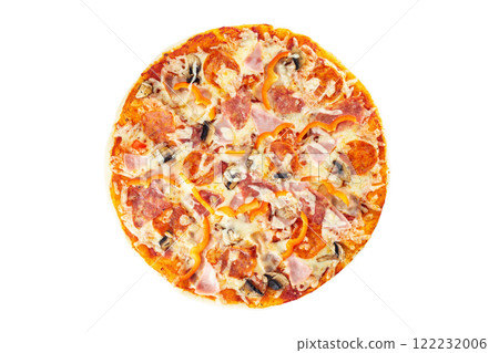 Top view image of italian pizza with cheese, salami, paprika, ham, mushrooms and tomato isolated at white background. Top view image of italian pizza with cheese, salami, paprika, ham, mushrooms and tomato isolated at white background. 122232006