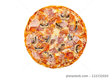 Top view image of italian pizza with cheese, salami, paprika, ham, mushrooms and tomato isolated at white background. Top view image of italian pizza with cheese, salami, paprika, ham, mushrooms and tomato isolated at white background. 122232020