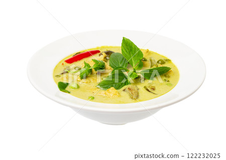 Closeup plate of thraditional thailand meal - green curry with chicken and eggplants served in a plate isolated at white background. Closeup plate of thraditional thailand meal - green curry with chicken and eggplants served in a plate isolated at white background. 122232025