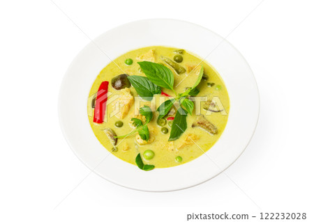 Closeup plate of thraditional thailand meal - green curry with chicken and eggplants served in a plate isolated at white background. Closeup plate of thraditional thailand meal - green curry with chicken and eggplants served in a plate isolated at white background. 122232028