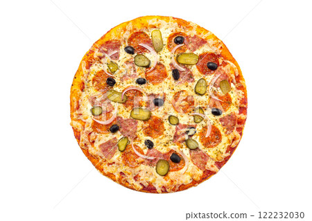 Top view image of italian pizza with cheese, salami, cocombers, olives, onion and tomato isolated at white background. Top view image of italian pizza with cheese, salami, cocombers, olives, onion and tomato isolated at white background. 122232030