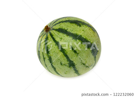 Closeup image of small round single watermelon isolated at white background. Closeup image of small round single watermelon isolated at white background. 122232060