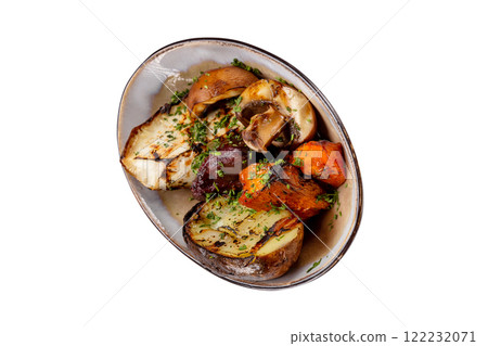 Plate of grilled vegetables - potato, pumpkin and mushrooms isolated at white background. 122232071