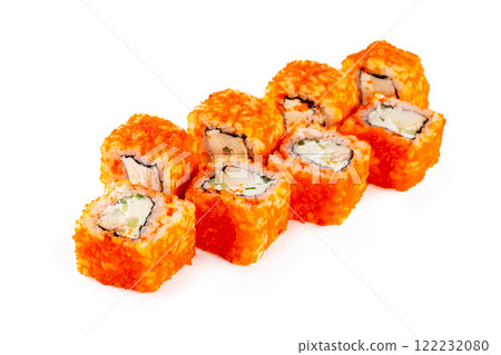 Closeup california sushi rolls set with cucumber, shrimp and orange masago caviar isolated at white background. Closeup california sushi rolls set with cucumber, shrimp and orange masago caviar isolated at white background. 122232080