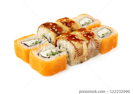 Closeup top view of japanese philadelphia and unagi maki sushi set isolated at white background. Closeup top view of japanese philadelphia and unagi maki sushi set isolated at white background. 122232090