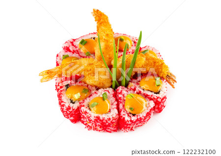 Closeup california sushi rolls set with ced masago caviar served with tempura fried shrimps isolated at white background. 122232100