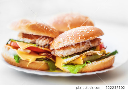 Closeup fresh homemade cheeseburgers on white plate isolated. Closeup fresh homemade cheeseburgers on white plate isolated. 122232102