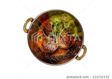Closeup top view pan of meatballs served with sauce isolated at white background. Closeup top view pan of meatballs served with sauce isolated at white background. 122232132