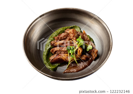 Pan of baked duck breast served with sauces isolated at white background. 122232146