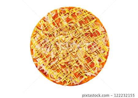 Top view italian pizza with cheese, chicken, sauce and tomato isolated at white background. 122232155