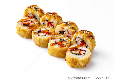 Closeup japanese hot tempura sushi rolls with crab and teriyaki sauce isolated at white background. 122232169