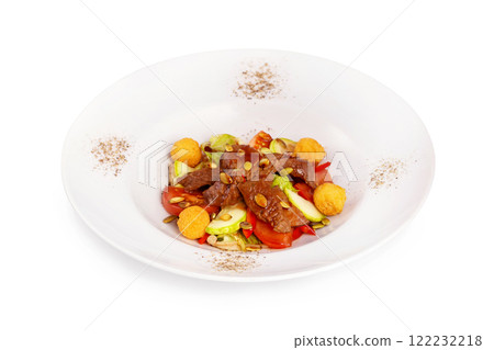 Plate of healthy meat salad with vegetables isolated at white background. Plate of healthy meat salad with vegetables isolated at white background. 122232218