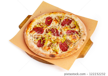 Closeup image of pepperoni italian pizza with ham on paper at wooden board isolated at white background. Closeup image of pepperoni italian pizza with ham on paper at wooden board isolated at white background. 122232232
