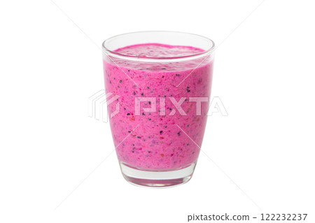 Closeup glass of red dragon fruit with coconut milk super food smoothie isolated at white background. Concept of healthy vegan lifestyle. 122232237