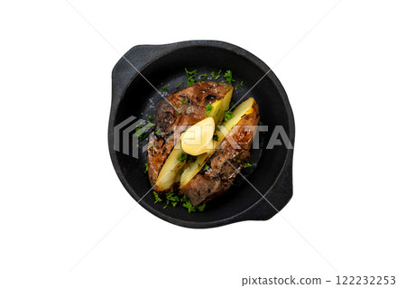 Pan of baked potatoes with butter isolated at white background. 122232253
