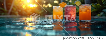Still life of bright cocktails in different glasses against the backdrop of a blue pool. in Balinese style Still life of bright cocktails in different glasses against the backdrop of a blue pool. in Balinese style 122232312