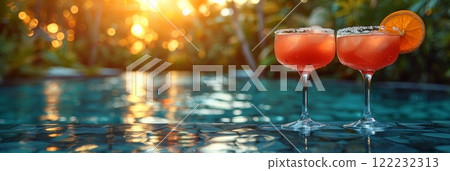 Still life of bright Margarita and Blue Lagoon cocktails on the beach against the backdrop of a blue pool. in Balinese style. 122232313