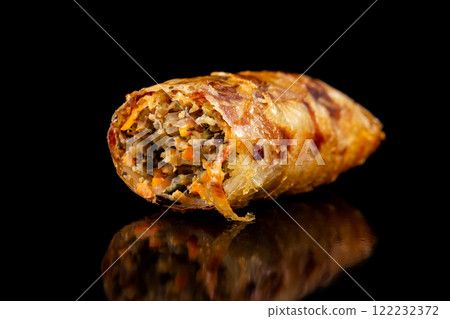 Macro image of traditional vietnamese food  - cha gio spring rolls isolated at black background. 122232372