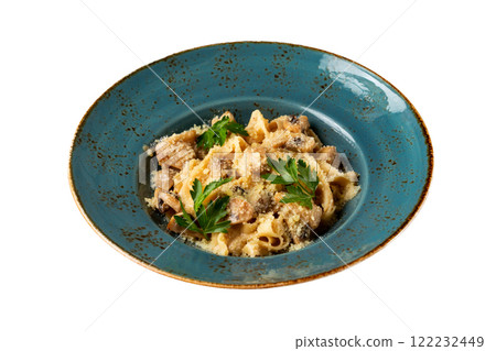 Plate of tagliatelle italian pasta with ceps and cream sauce with parmesan cheese isolated at white background. 122232449