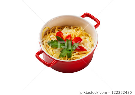 Pasta with fresh green and tomato in a red ceramic bowl isolated at white background. Pasta with fresh green and tomato in a red ceramic bowl isolated at white background. 122232480