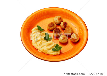 Plate of sweden meatballs and mashed potato for children menu isolated at white background. Plate of sweden meatballs and mashed potato for children menu isolated at white background. 122232483