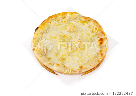 National Georgian meal khachapuri on a paper on wooden board isolated at white background. 122232487