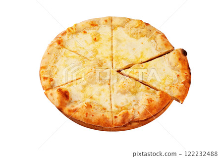National Georgian meal khachapuri sliced at a wooden board isolated at white background. 122232488