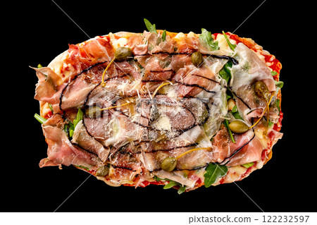 Top view image of italian Rome pizza with olive, parmesan and bacon isolated at black background. Top view image of italian Rome pizza with olive, parmesan and bacon isolated at black background. 122232597
